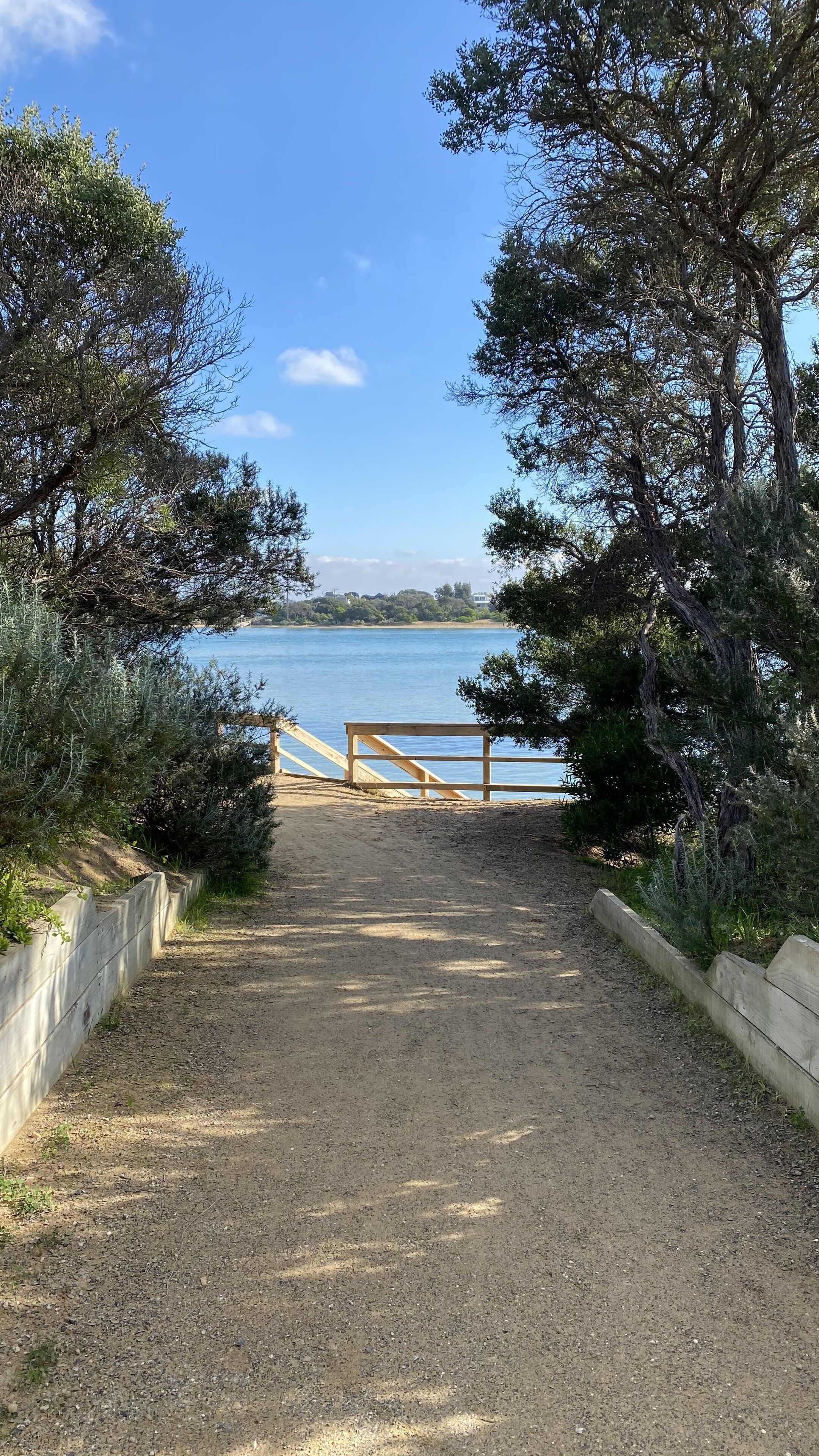 A gravel path leading to a wooden bench overlooking a body of water, surrounded by trees and a clear sky.