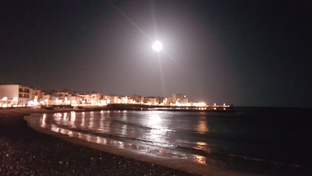 Ein Strandbild bei Nacht mit hellem Mond und Stadtlichtern, die sich im Wasser spiegeln.