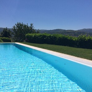 Ein rechteckiger Pool mit klarem, blauem Wasser, umgeben von einem gepflegten Rasen und einem Heckenstreifen.