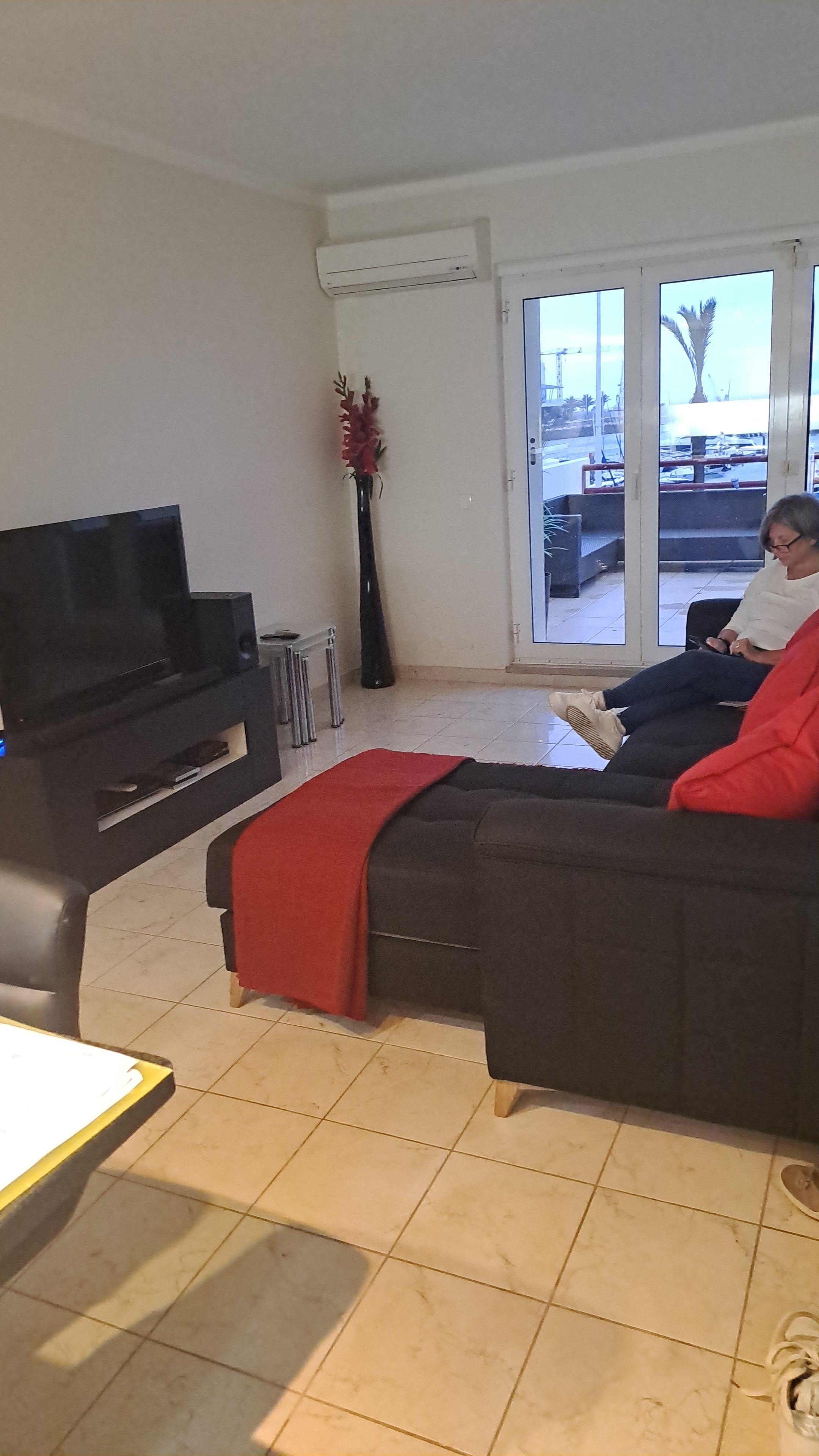 Ein Wohnzimmer mit einer Couch, einem Fernseher und Blick durch eine Glastür.