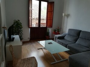 A living room with a grey sofa, a glass coffee table, a woven chair, and a TV on a stand. There are two potted plants on a small table and a door with wooden shutters.