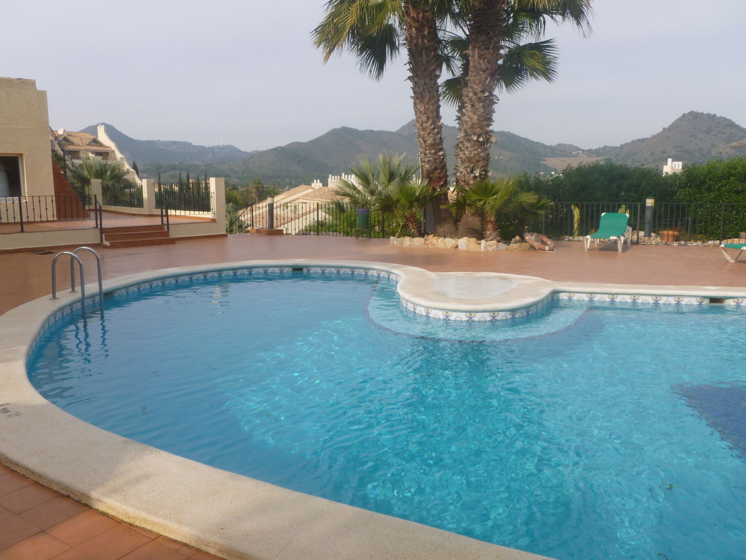 A swimming pool with a hot tub, surrounded by palm trees and a view of mountains.