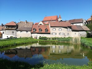 Ein traditionelles europäisches Dorf mit historischen Gebäuden, einem kleinen Teich und blauem Himmel.