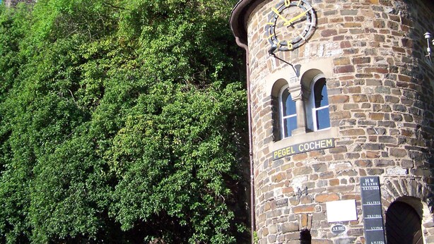 A stone tower with a clock, surrounded by lush greenery and a hillside with buildings. - Mediterranean flair above the rooftops of Cochem's old town (Cochem)
