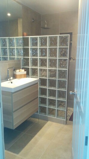 Shower, hair dryer, towels, soap