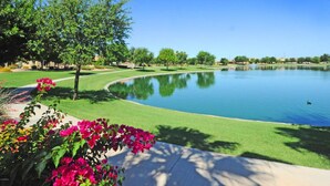 A serene outdoor area with a pond, green grass, and trees. - Gorgeous Oakwood Vacation Home with Golf Cart! Spotless!!! (Sun Lakes)