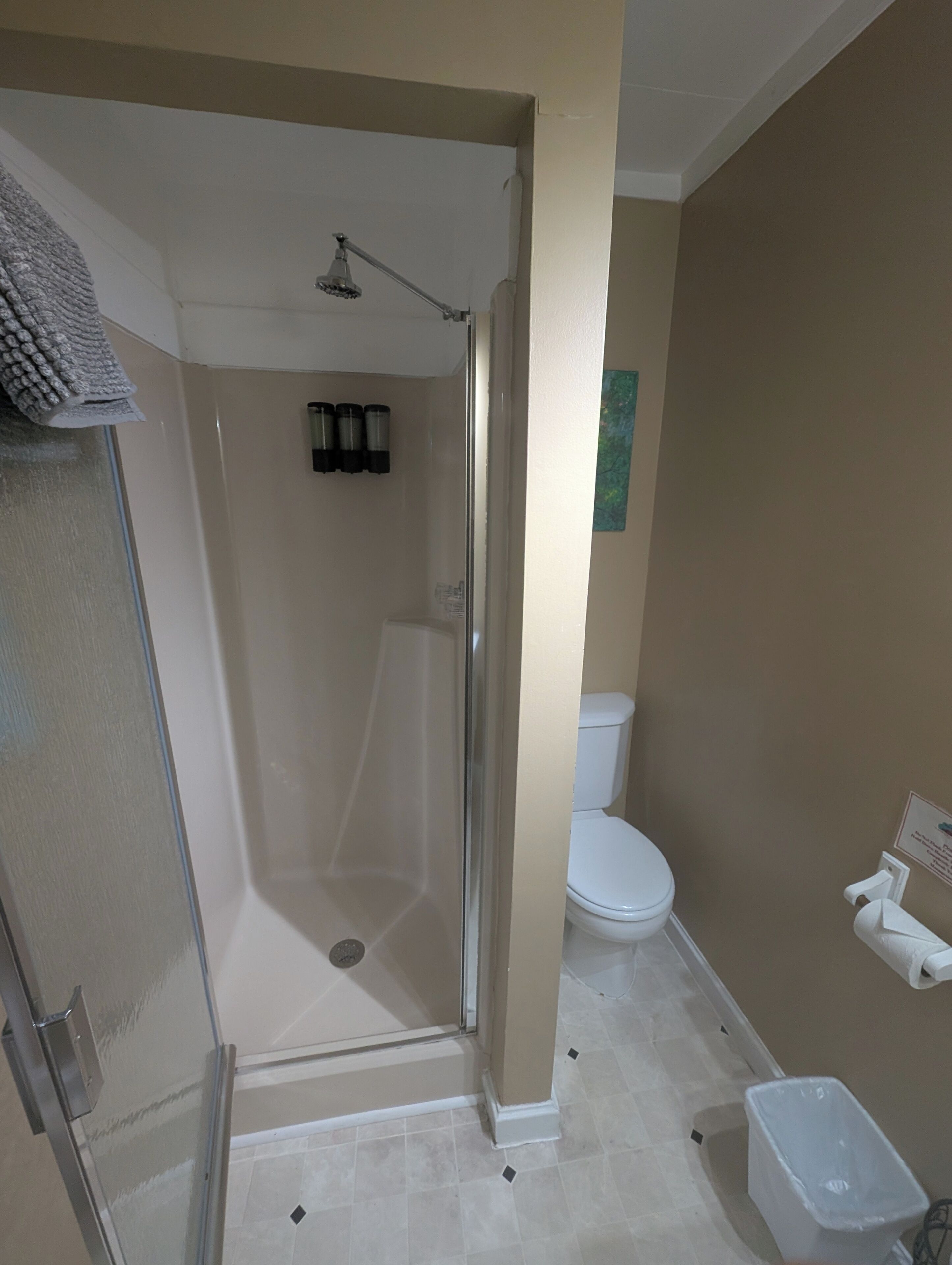 Ein Badezimmer mit Duschkabine, Toilette und Mülleimer.