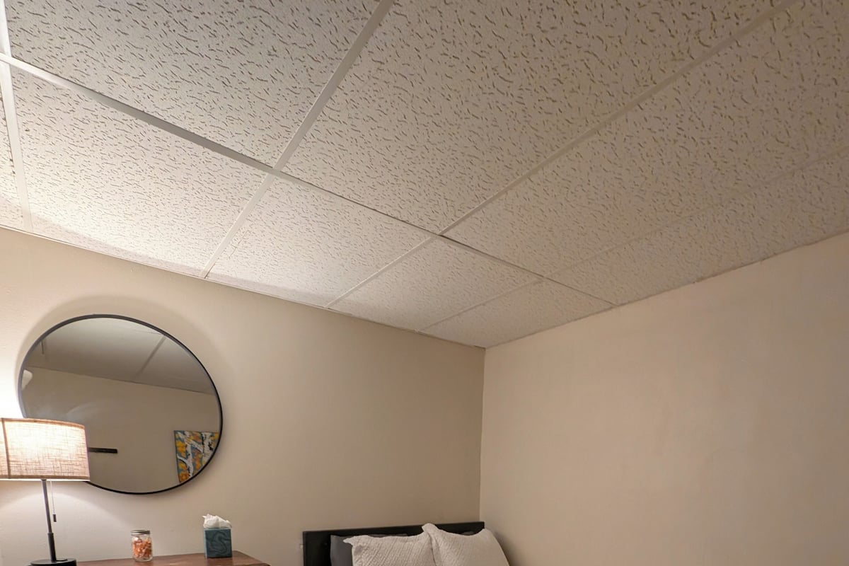 A bedroom with a bed, dresser, mirror, and a rug.