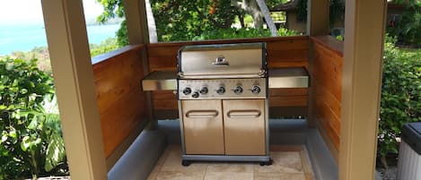 Una parrilla con cuatro quemadores y un panel de control, ubicada en una estructura de madera al aire libre con vista a un cuerpo de agua.