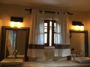 Shower, towels, soap, shampoo