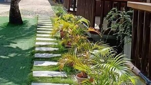 A row of modern, two-story buildings with balconies, a paved walkway, and palm trees. - Jelly's Haven Resort (Santa Fe)