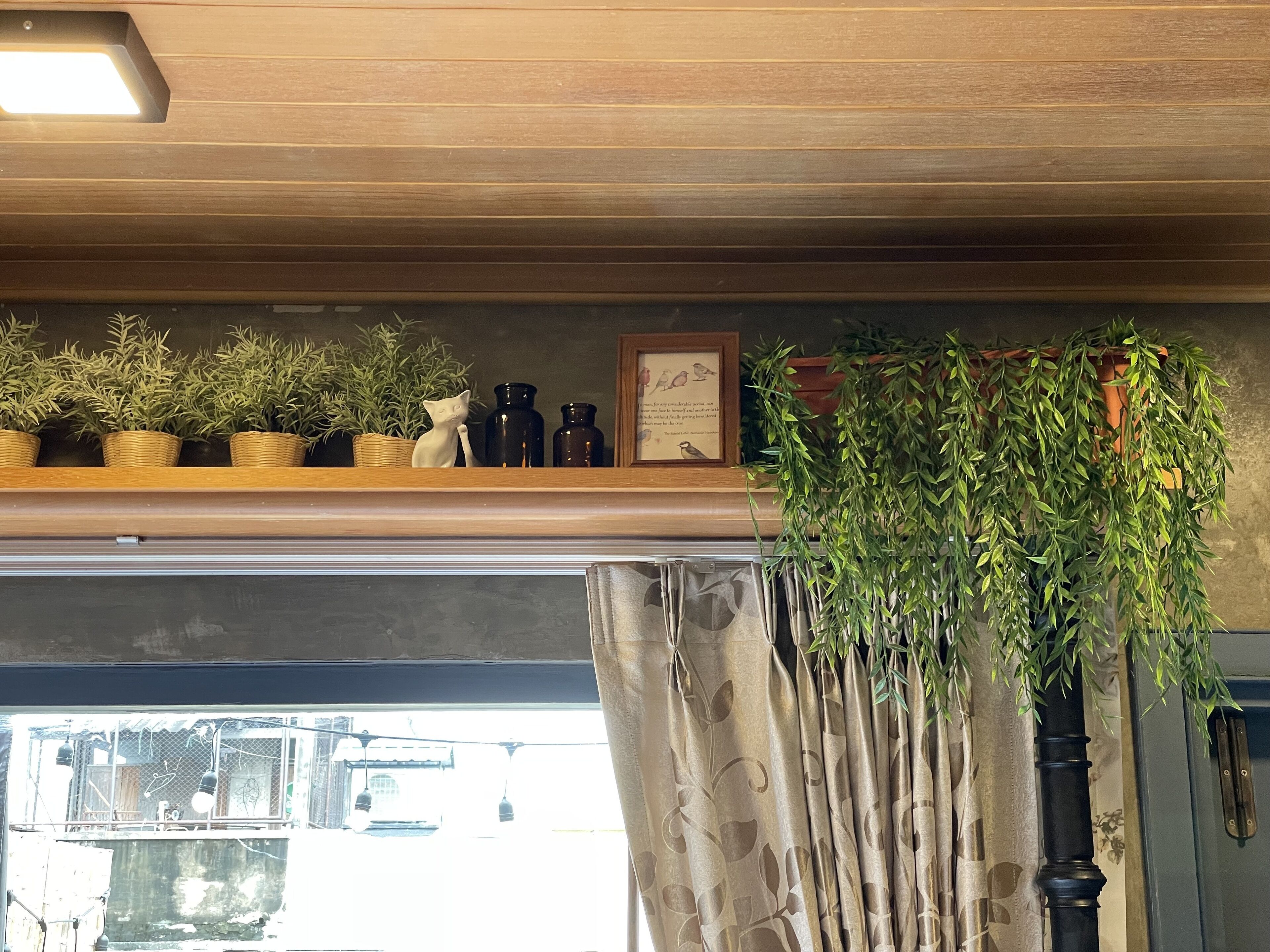 Une pièce avec une étagère en bois où sont disposées des plantes en pot, un tableau encadré et des objets décoratifs.