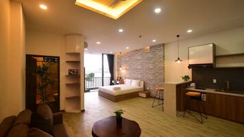 Desk, laptop workspace, blackout drapes, soundproofing