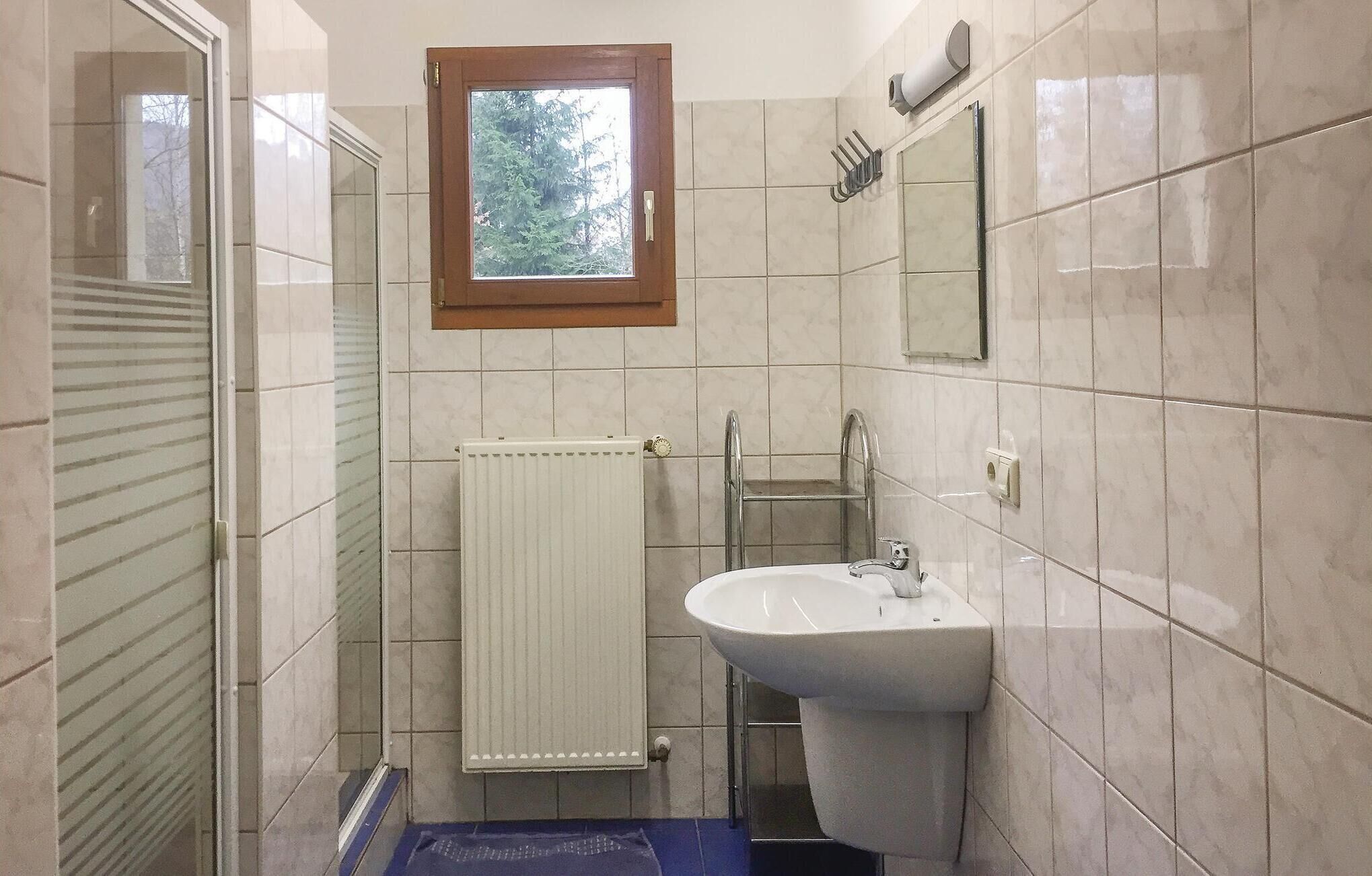 A bathroom with a window, a radiator, a sink, and a mirror.