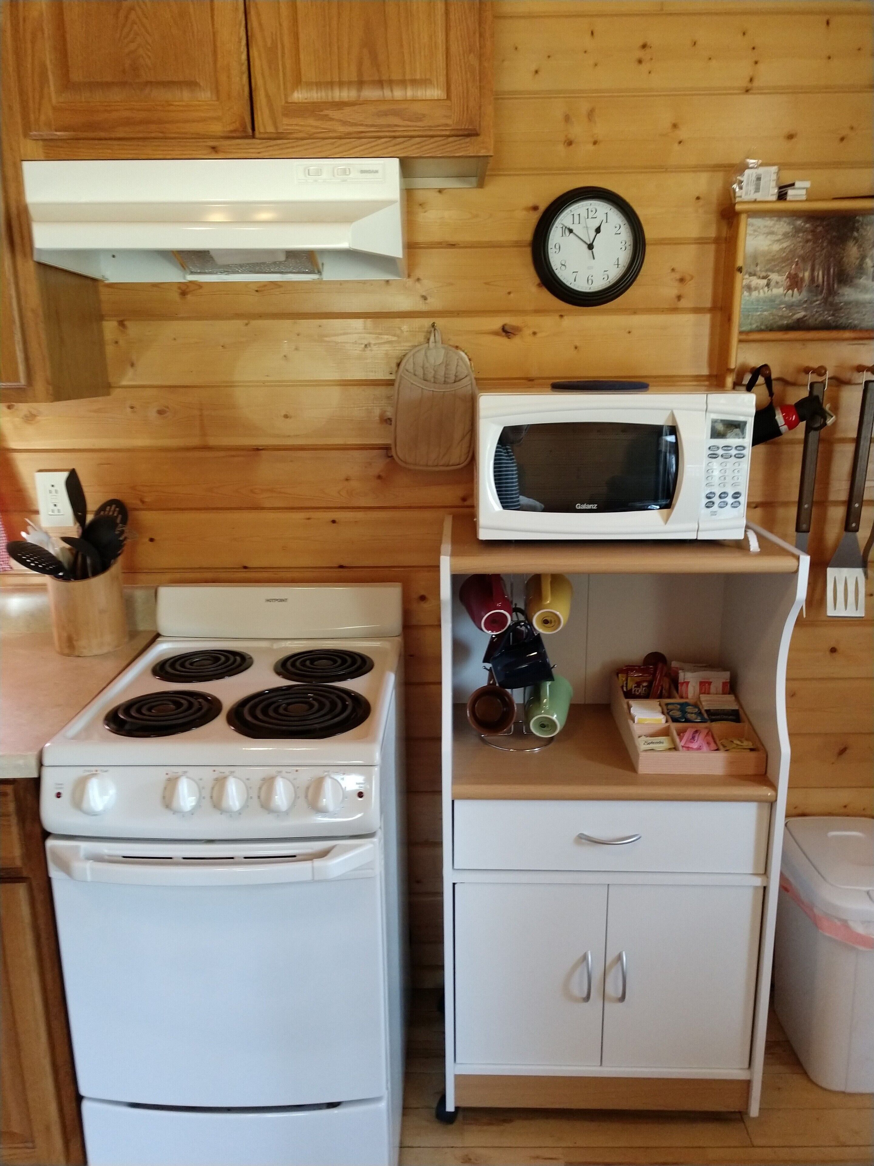 A compact kitchen with a stove, microwave, and a small cabinet.