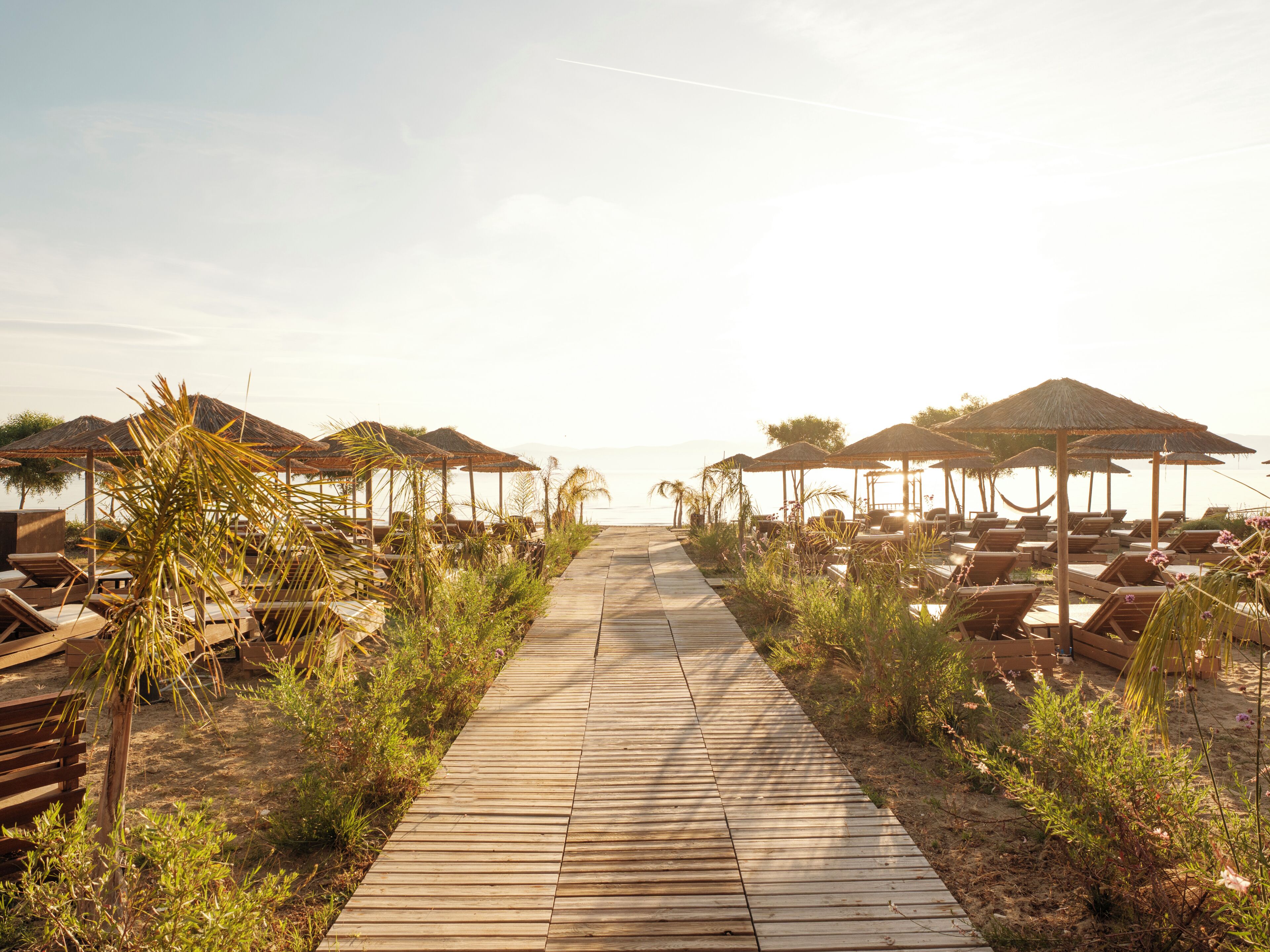 A wooden pathway leading to beach umbrellas and lounge chairs.