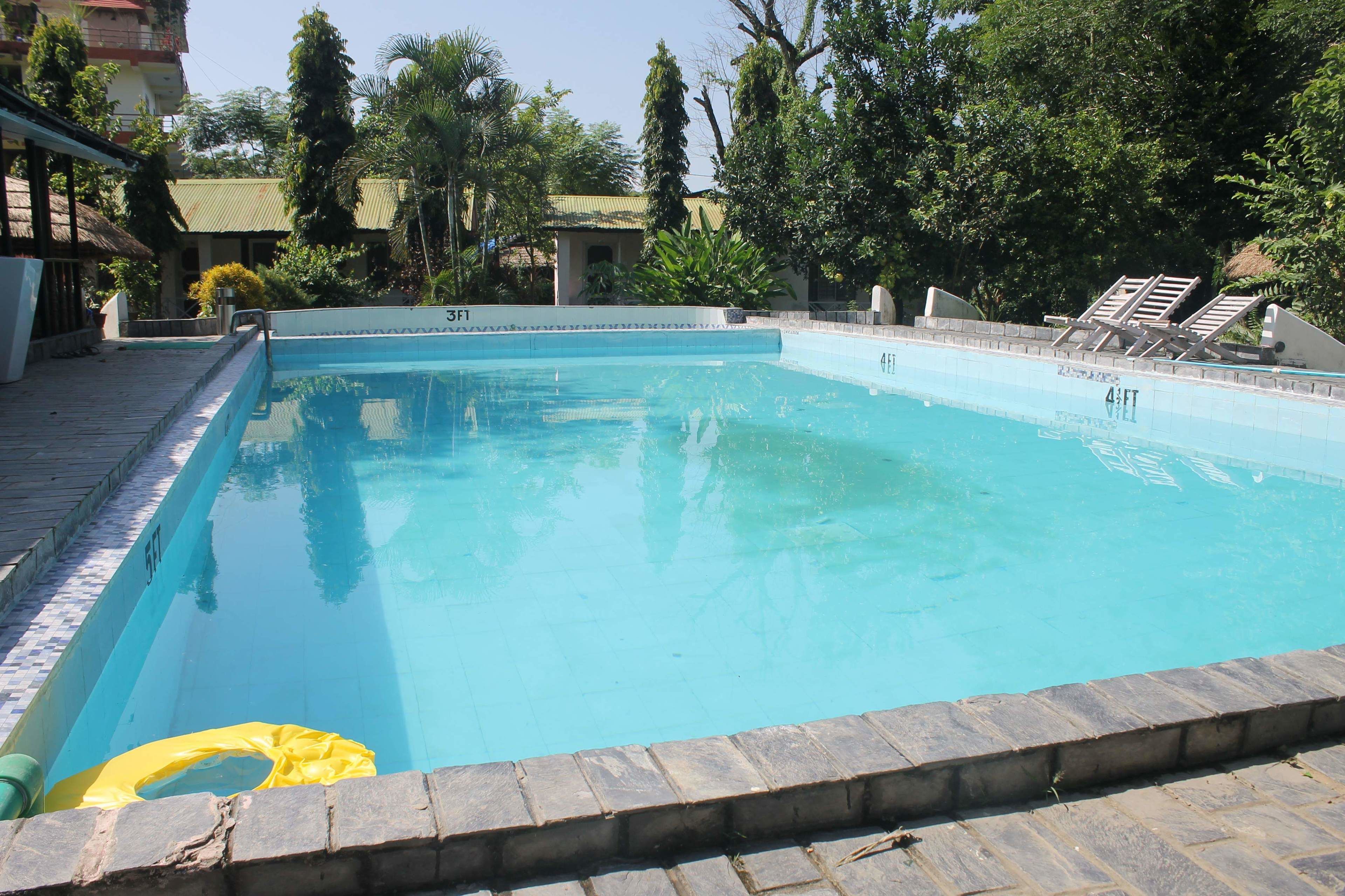 A rectangular swimming pool with a tiled edge, surrounded by a stone border.