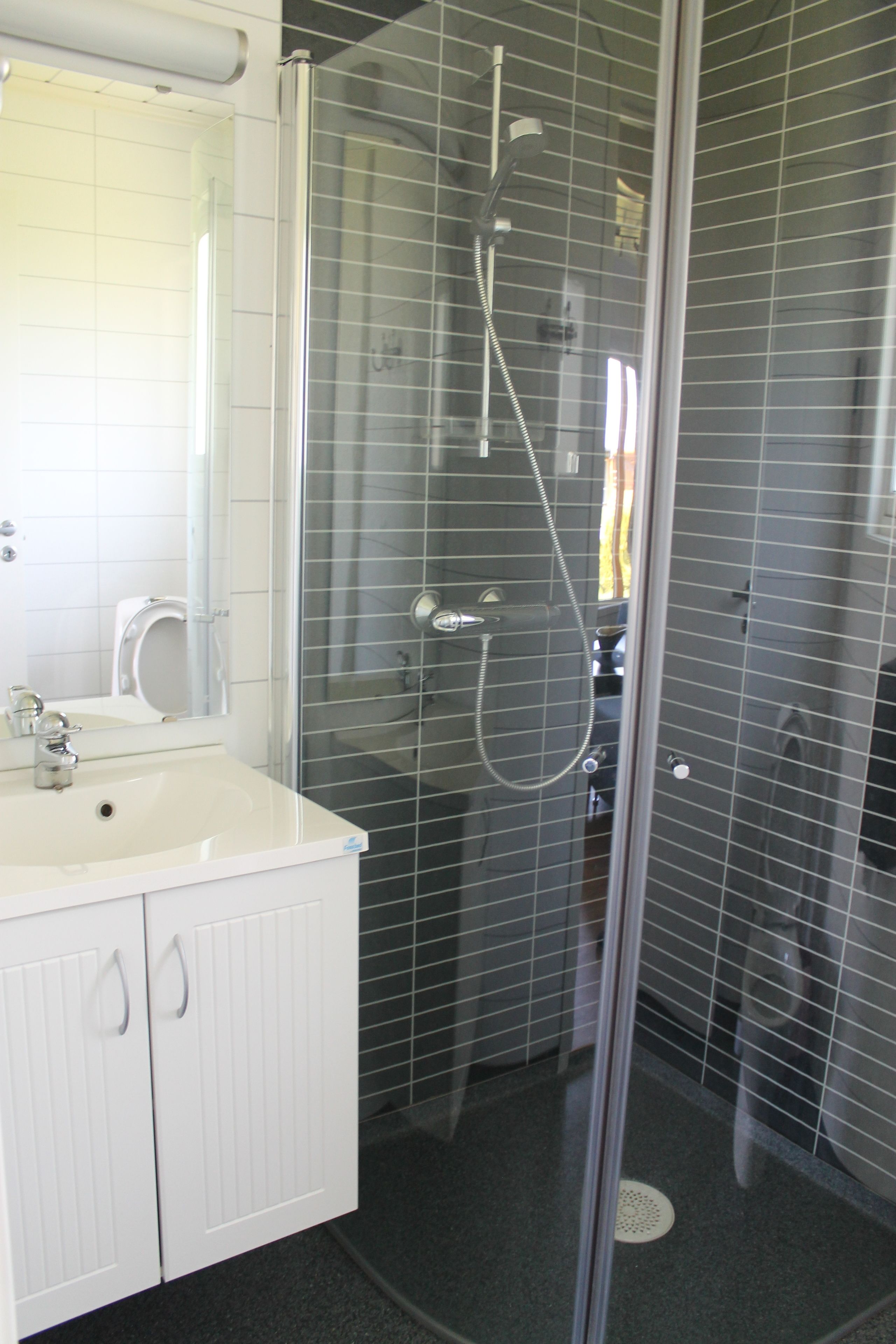 Une salle de bain avec une douche à parois de verre, un lavabo blanc et un miroir.
