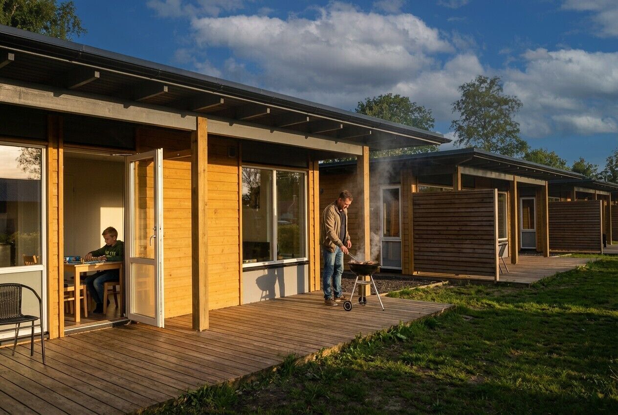 A modern outdoor area with a wooden deck, a barbecue grill, and a dining table with chairs.