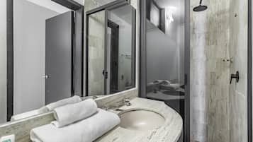 Shower, free toiletries, hair dryer, towels