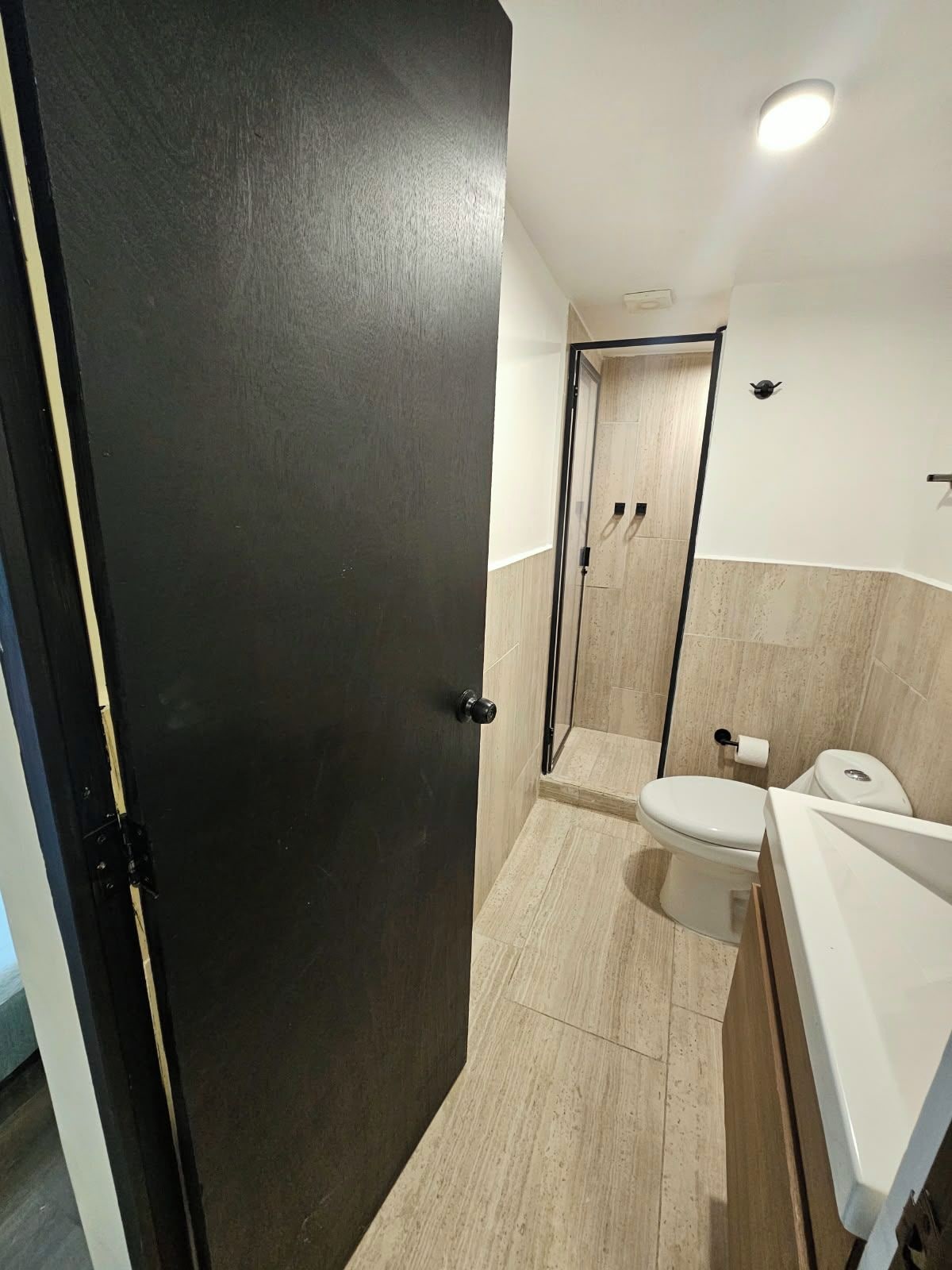 A bathroom with a toilet, sink, and shower area.