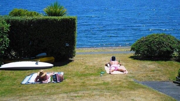 A grassy area with a view of a lake, a surfboard, and a towel on the ground. - Absolute lakefront holiday house (Two Mile Bay (2 Mile Bay))