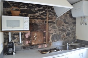 Fridge, microwave, stovetop, cookware/dishes/utensils