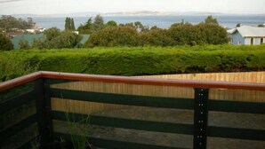 Vista desde un balcón con barandilla de madera, sobre un cuerpo de agua, vegetación y edificios a lo lejos.