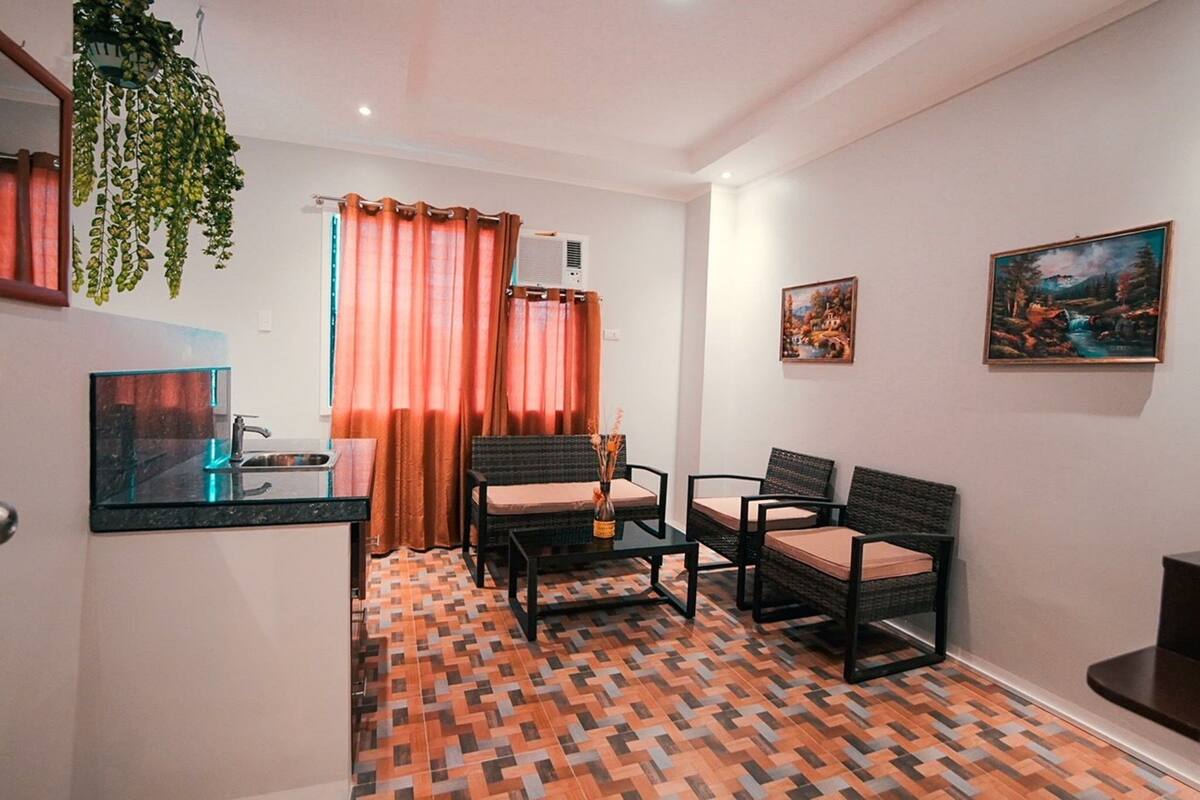 A compact living space with a kitchen area, a dining table with chairs, a hanging plant, and two paintings on the wall.