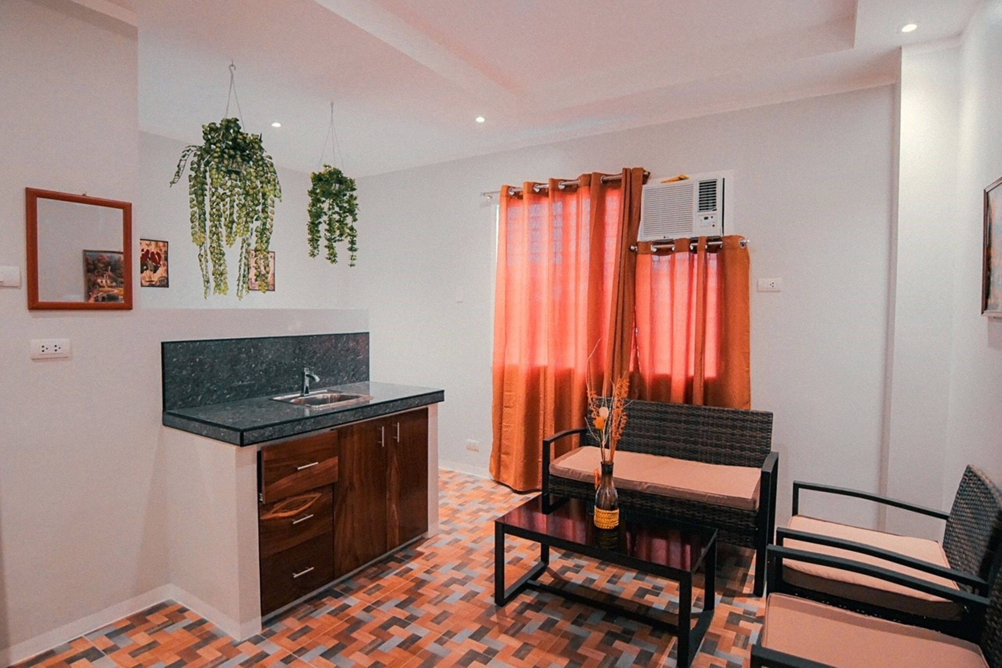 A compact living space with a kitchenette, a dining area with two chairs, a hanging plant, and a curtain.