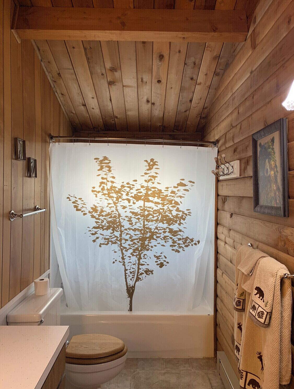 Combined shower/tub, hair dryer, towels, soap
