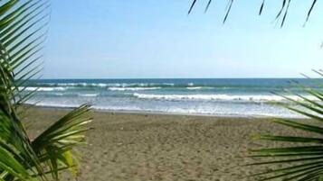 Nära stranden, solstolar och strandhanddukar