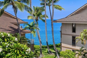 A beachfront property with multiple-story buildings, palm trees, and a clear view of the ocean. - Spacious 2BR/2BA Condo - Ocean View, Above it All, Oceanside Pool and 3 Zone A/C (Kailua-Kona)