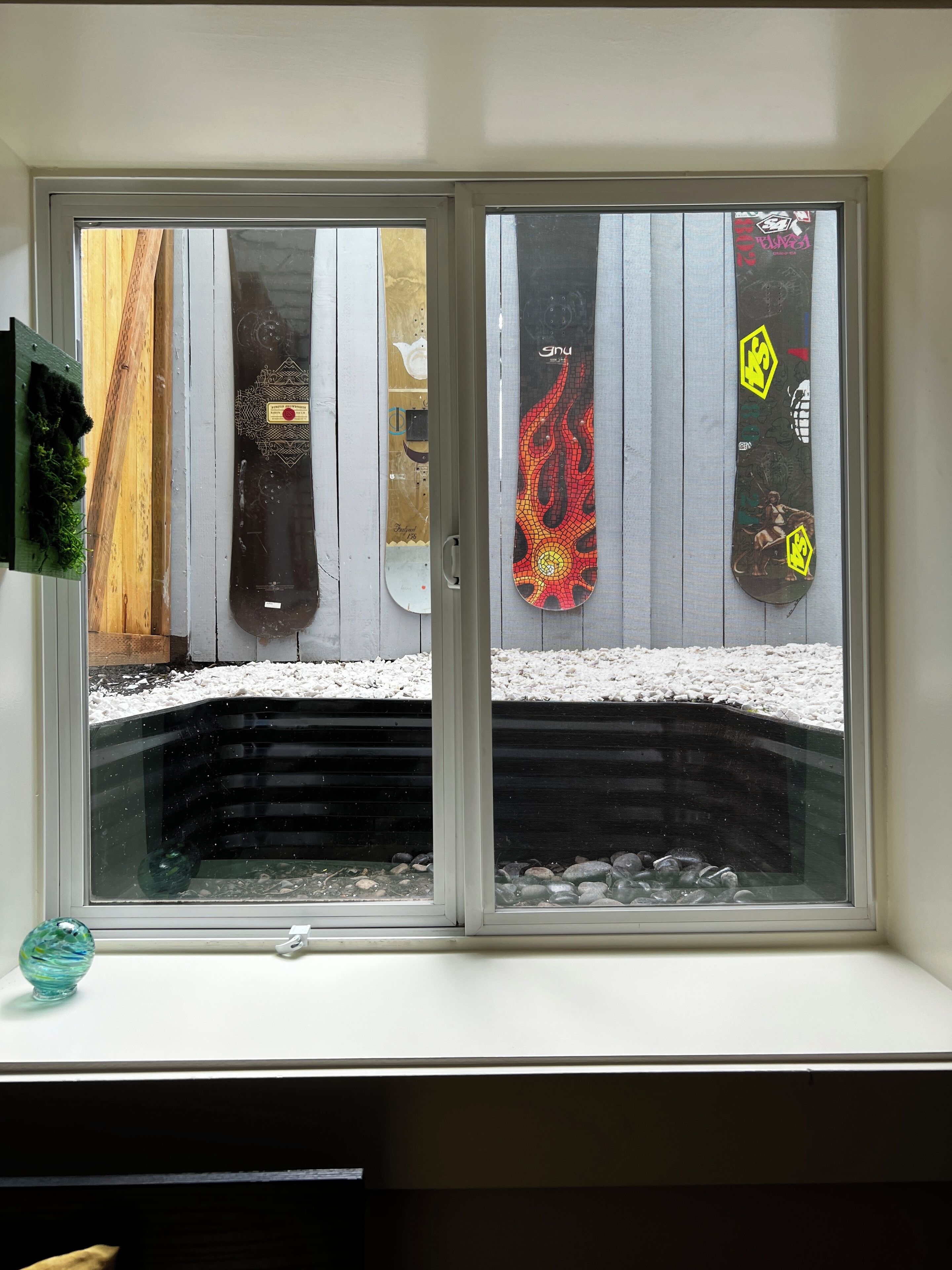 A window with two snowboards leaning against the wall.