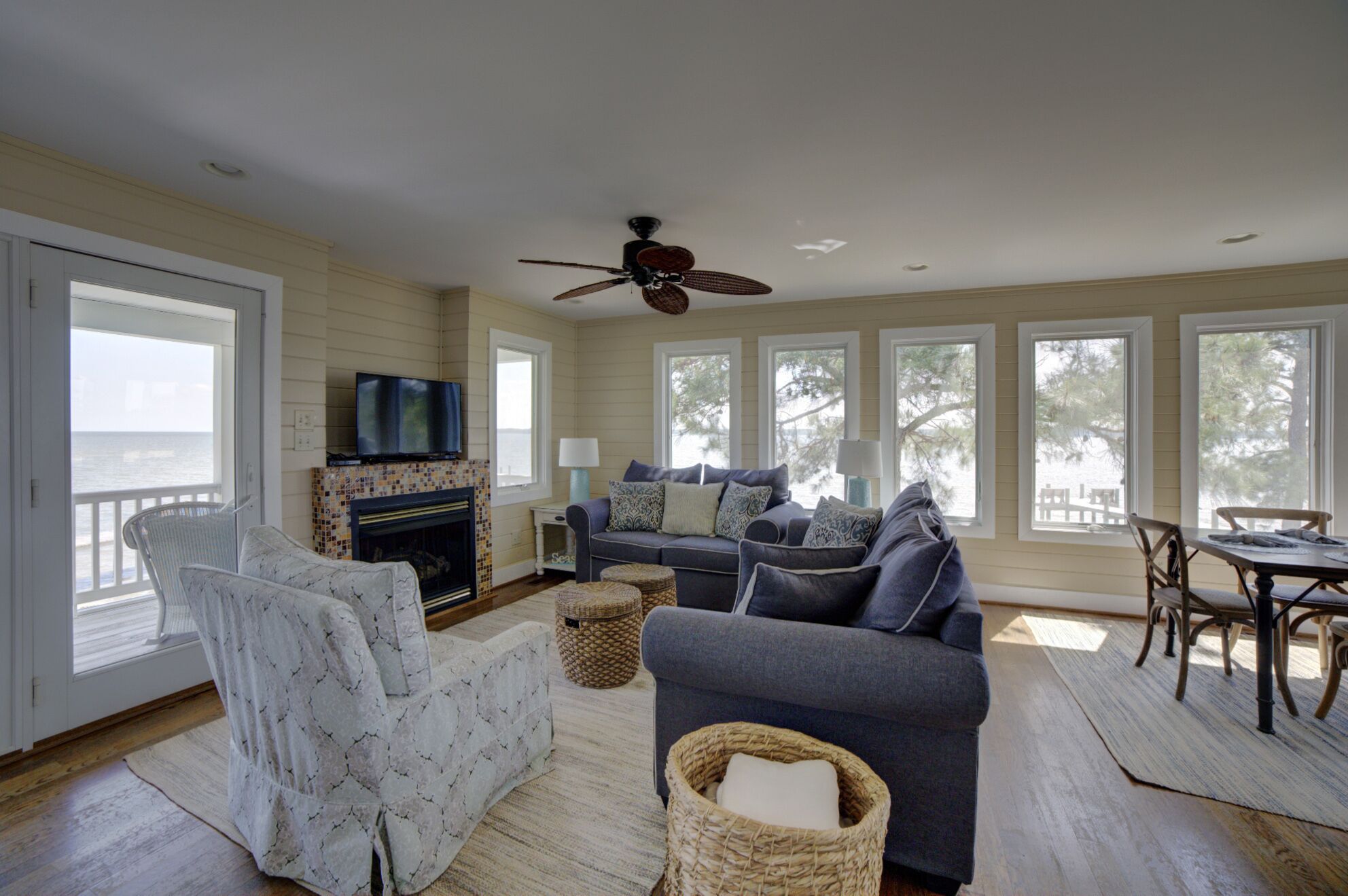 Televisión, chimenea y reproductor de DVD 