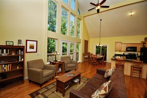 Smart TV, fireplace, books, offices