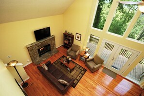 Smart TV, fireplace, DVD player, books