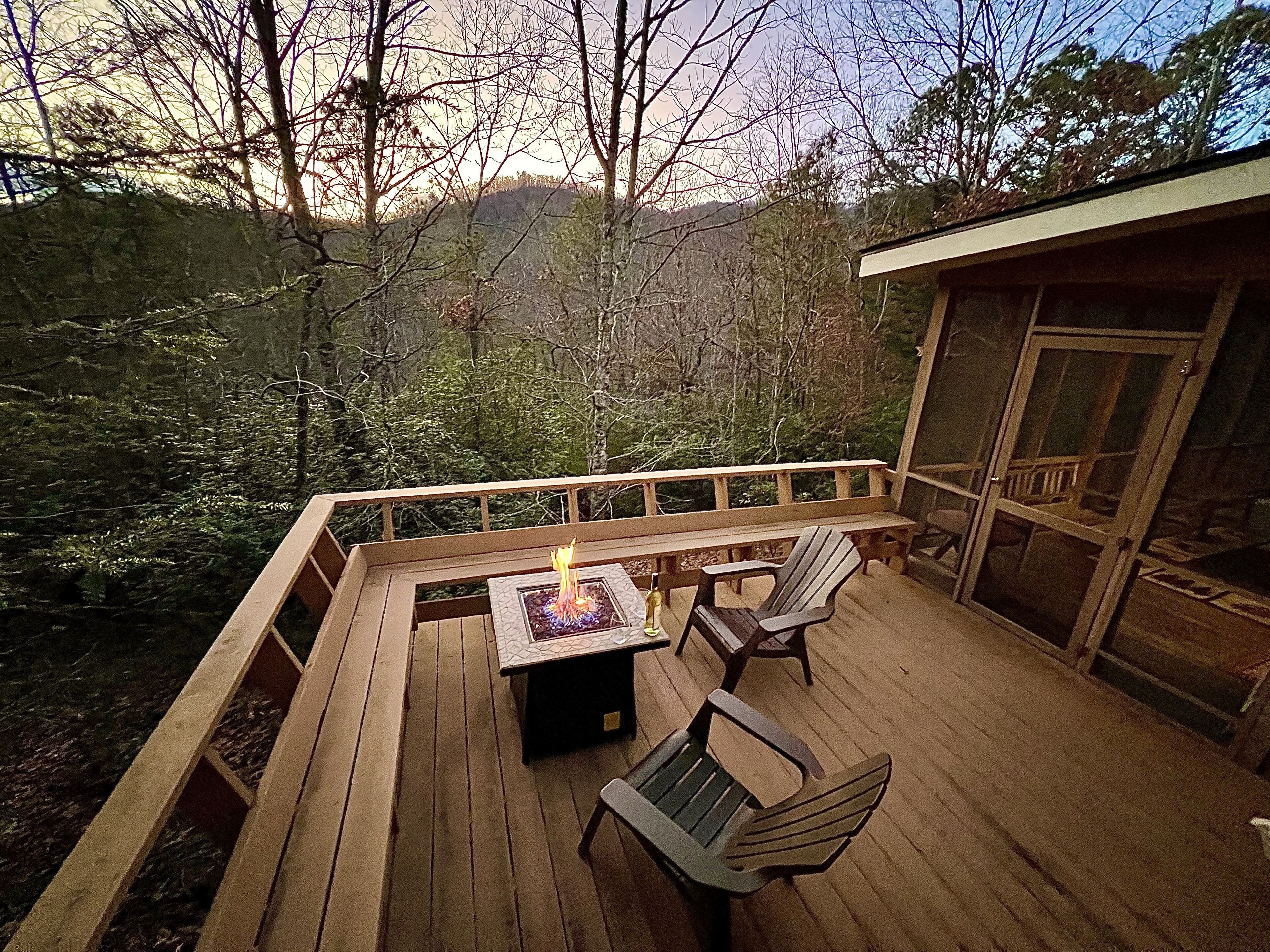 Log Bed-Master private open-air deck w access to screen porch, seasonal mtn view