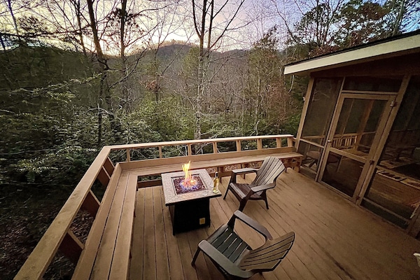 Log Bed-Master private open-air deck w access to screen porch, seasonal mtn view