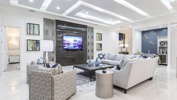 Smart TV, fireplace, video games, DVD player