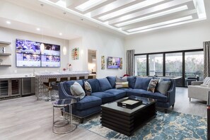 Smart TV, fireplace, video games, DVD player