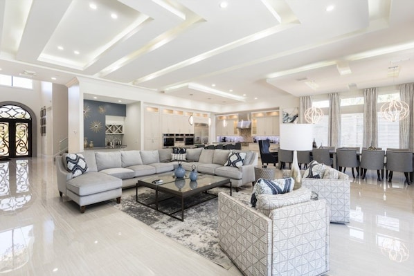 Smart TV, fireplace, video games, DVD player