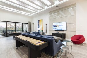 Smart TV, fireplace, video games, DVD player