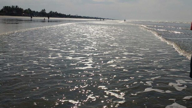 Una playa con agua tranquila y cielo despejado.