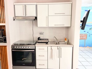 A compact kitchen with a stove, oven, and sink.