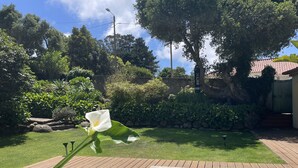 Un jardin avec une piscine, une terrasse en bois et un mur en pierre.