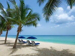 A beach with white sand, palm trees, and a clear blue sky. - Beautiful spacious holiday home private shared pool with neighbour nr Sandy Lane (St James)