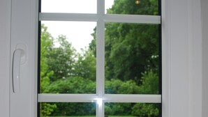 A window with a view of a green garden. - Modernised farmhouse near Oldenburg with a beautiful garden in the countryside (Uplengen)
