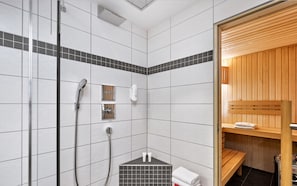 Shower, jetted bath, hair dryer, towels