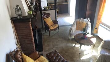 TV, lareira, livros, aparelho de som